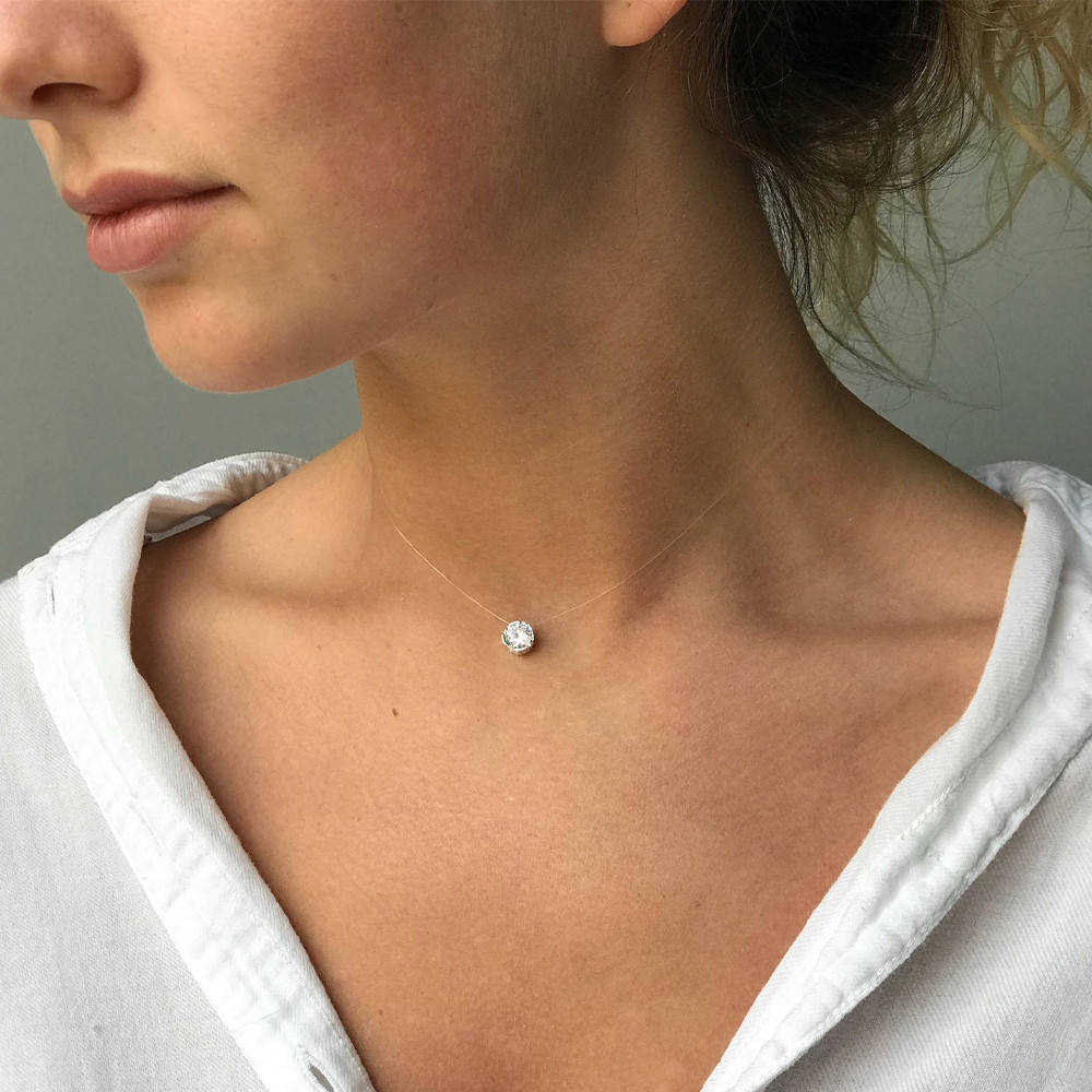 Колье камушек на леске (фианит) серебро / Подвеска на мягкой леске / Колье невидимка