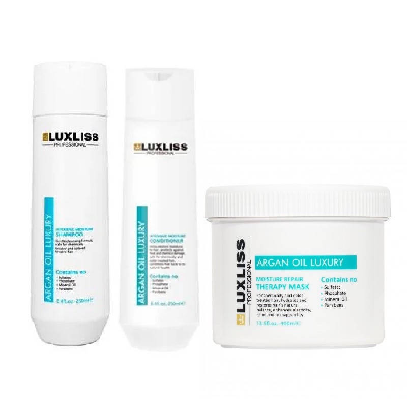 Набор Luxliss Argan Oil Intensive Moisture шампунь 250 мл + кондиционер 250 мл + маска 400 мл
Набор Luxliss Argan Oil Intensive Moisture шампунь 250 мл + кондиционер 250 мл + маска 400 мл