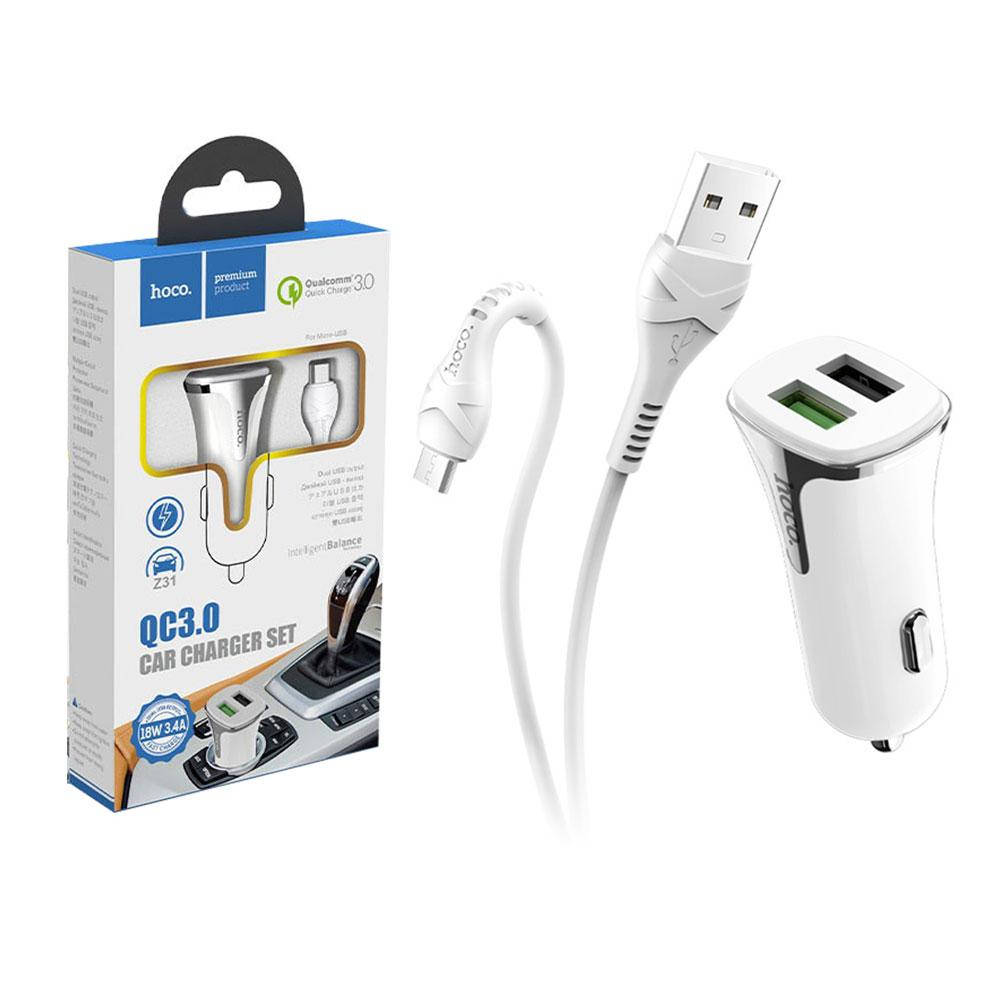 Автомобильное зарядное устройство Hoco Z31 Universe QC3.0 + кабель microUSB (3.4A), Белый
Автомобильное зарядное устройство Hoco Z31 Universe QC3.0 + кабель microUSB (3.4A), Белый