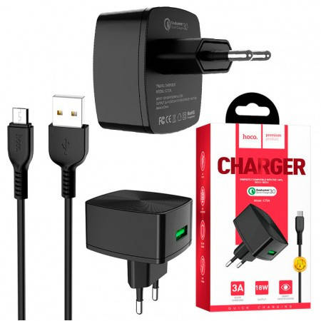 Мережевий зарядний пристрій HOCO C70A QC3.0 EU комплект з кабелем microUSB, Черный 
Мережевий зарядний пристрій HOCO C70A QC3.0 EU комплект з кабелем microUSB, Черный