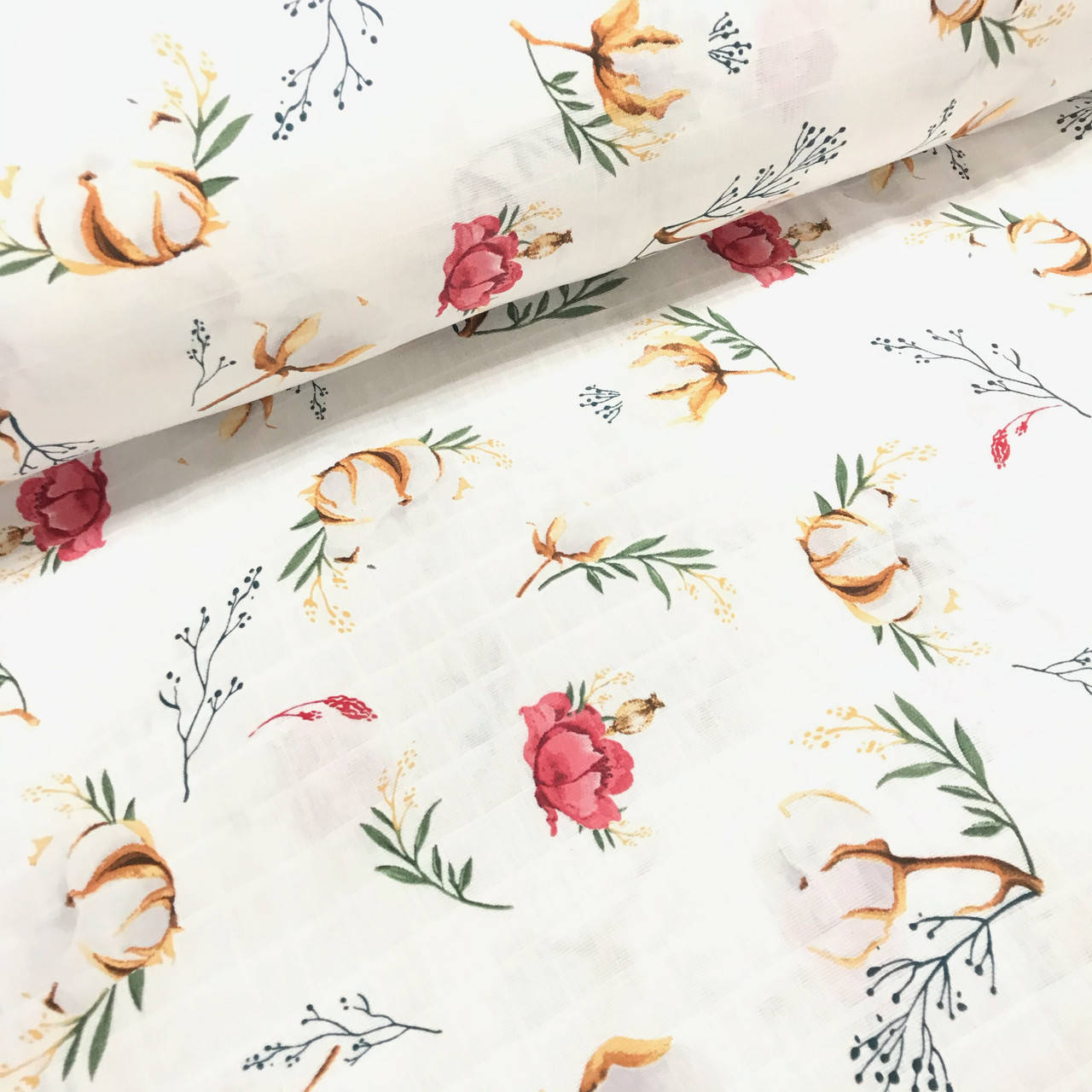 Ткань муслин Двухслойная хлопок бело-розовый с веточками на белом (шир. 1,6 м) (MS-FR-0105), Разные цвета