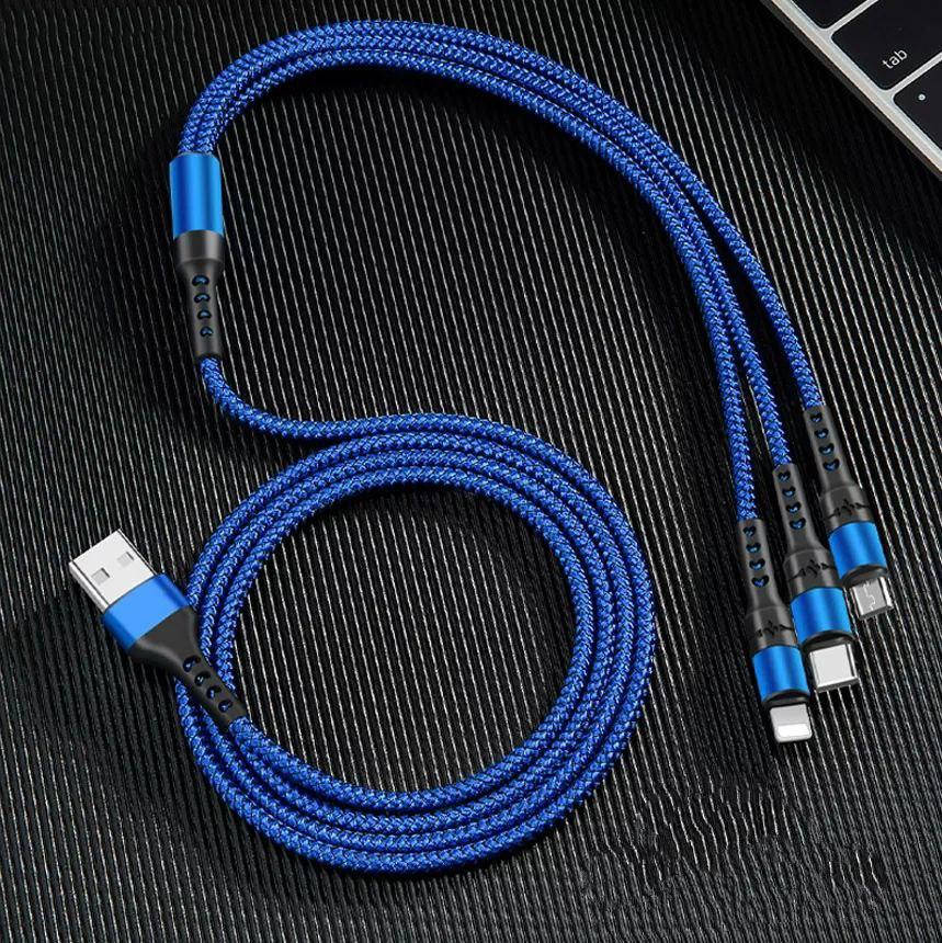 Плетеный зарядный кабель 3в1, Type-c, Micro USB, Lightning cable for iPhone, длина 1,2м Мощность — 5 V/2.4 A, Синий
Плетеный зарядный кабель 3в1, Type-c, Micro USB, Lightning cable for iPhone, длина 1,2м Мощность — 5 V/2.4 A, Синий