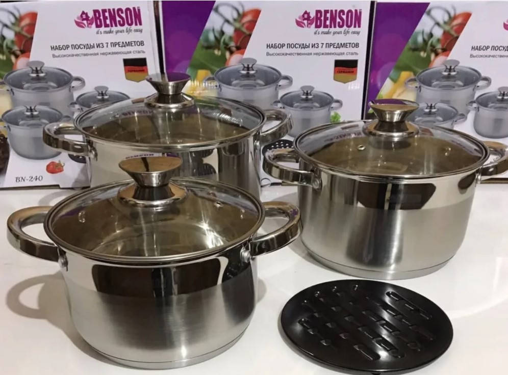 Набор кастрюль из нержавеющей стали с крышками и подставкой Benson BN-241 7 предметов
Набор кастрюль из нержавеющей стали с крышками и подставкой Benson BN-241 7 предметов