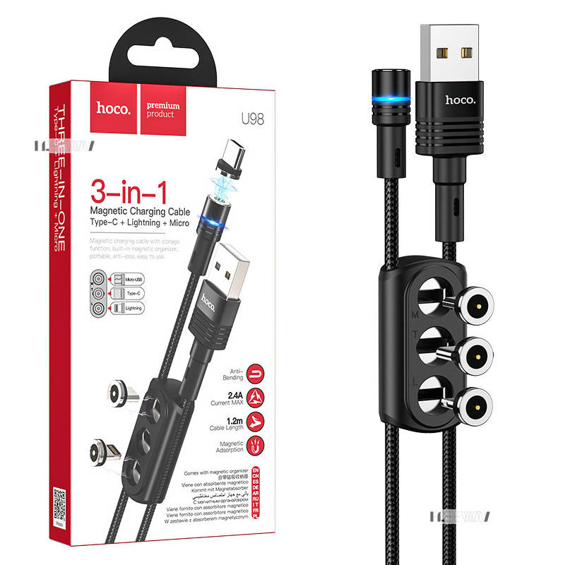 Кабель для зарядки телефона смартфона магнитный USB (USB Type C, Lightning, Micro USB) 3в1 Hoco U98 1.2м Black, Черный
Кабель для зарядки телефона смартфона магнитный USB (USB Type C, Lightning, Micro USB) 3в1 Hoco U98 1.2м Black, Черный