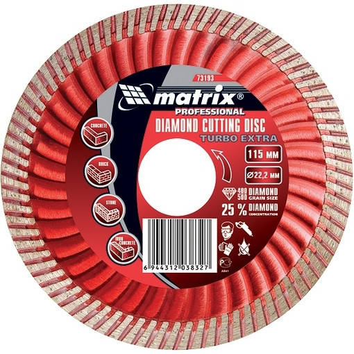 Диск алмазный отрезной Turbo Extra, 115 х 22,2 мм., сухая резка MATRIX Professional 731939
Диск алмазный отрезной Turbo Extra, 115 х 22,2 мм., сухая резка MATRIX Professional 731939
