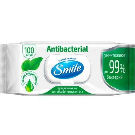 Smile Antibacterial, 100 шт., Смайл, Салфетки влажные, антибактериальные с соком подорожника
Smile Antibacterial, 100 шт., Смайл, Салфетки влажные, антибактериальные с соком подорожника