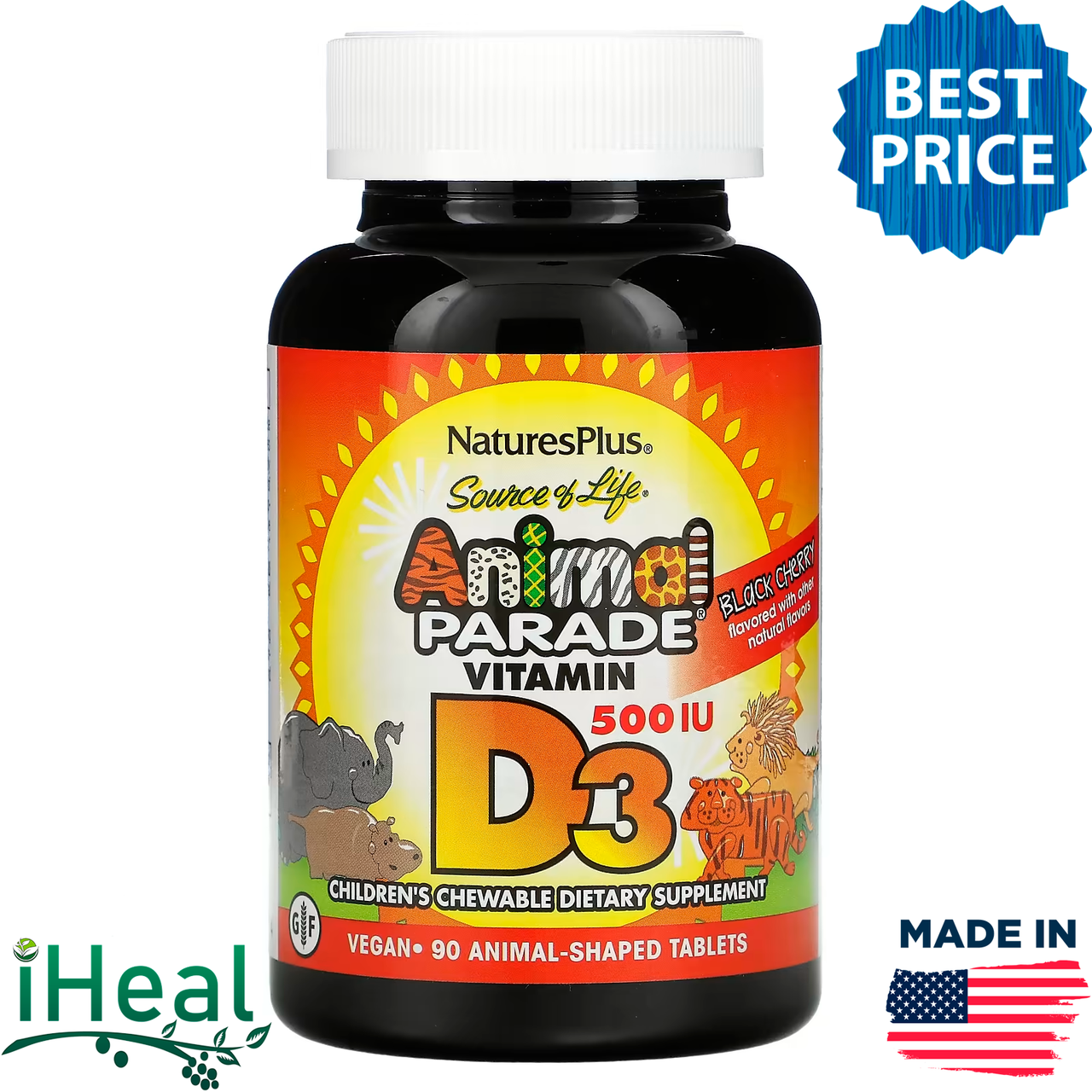 Nature's Plus, Source of Life, Animal Parade, витамин D3, со вкусом натуральной черешни, 500 МЕ, 90 таблеток
Nature's Plus, Source of Life, Animal Parade, витамин D3, со вкусом натуральной черешни, 500 МЕ, 90 таблеток