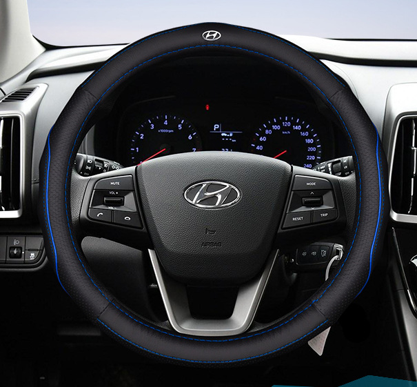 Чехол оплетка на руль кожаная для автомобиля с логотипом Hyundai натуральная кожа Черный с синей прошивкой