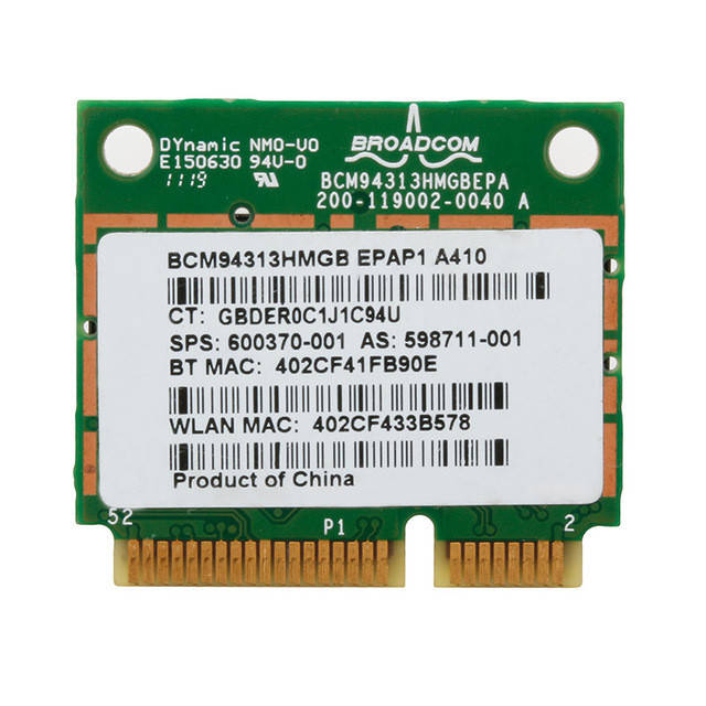 Wi-fi+BT модуль HalfSize Mini pcie для HP! Broadcom bcm94313hmgb, BRCM1051 (600370-001) 802.11 b,g,n , 150Mbps
Wi-fi+BT модуль HalfSize Mini pcie для HP! Broadcom bcm94313hmgb, BRCM1051 (600370-001) 802.11 b,g,n , 150Mbps