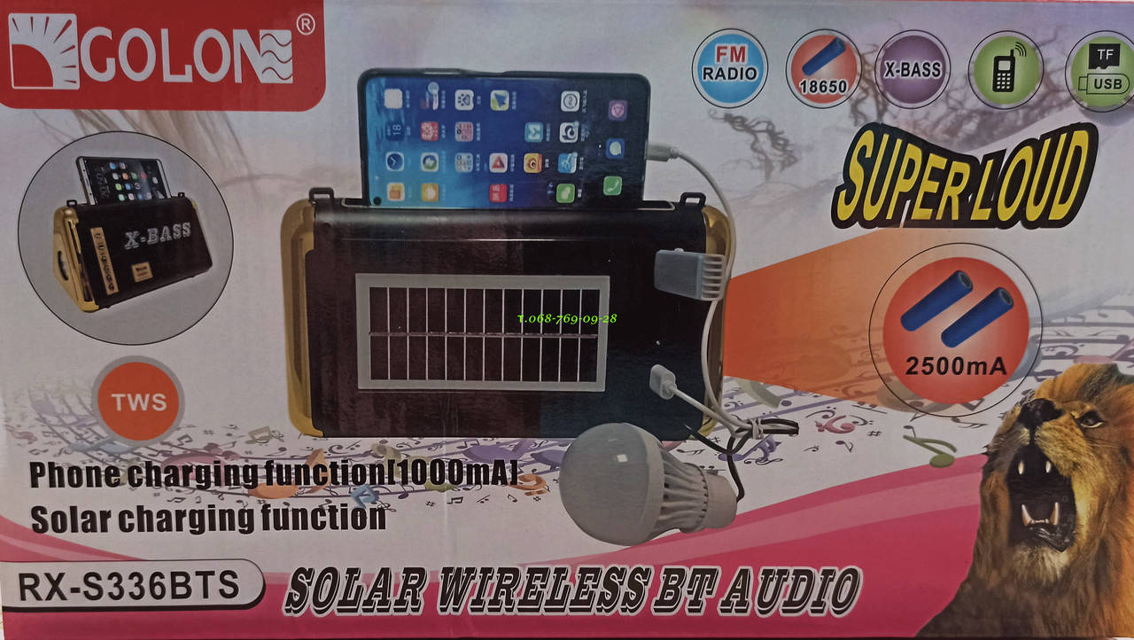Колонка с солнечной батареей, USB, SD, FM, Bluetooth, фонариком и подставкой для телефона 25см*14см*12см GOLON
Колонка с солнечной батареей, USB, SD, FM, Bluetooth, фонариком и подставкой для телефона 25см*14см*12см GOLON