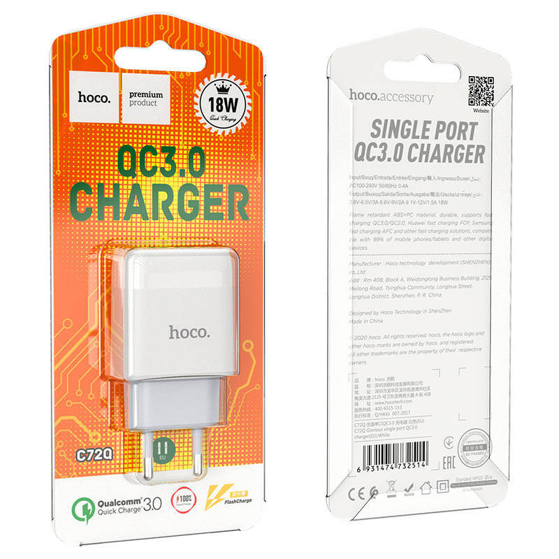 Сетевая быстрая зарядка Hoco C72Q QC 3.0 18W 1USB 2A адаптер для телефона зарядное устройство белый
Сетевая быстрая зарядка Hoco C72Q QC 3.0 18W 1USB 2A адаптер для телефона зарядное устройство белый