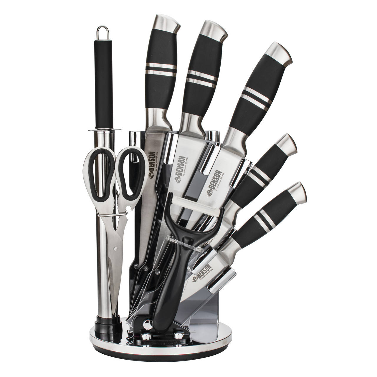 Набор кухонных ножей с подставкой Benson BN-402, 9 предметов
Набор кухонных ножей с подставкой Benson BN-402, 9 предметов