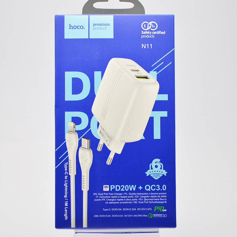 Зарядное устройство Hoco N11 Powerful Dual USB (Type-C PD20W/ USB QC 3.0) с кабелем Type-C to Lightning White, Белый
Зарядное устройство Hoco N11 Powerful Dual USB (Type-C PD20W/ USB QC 3.0) с кабелем Type-C to Lightning White, Белый