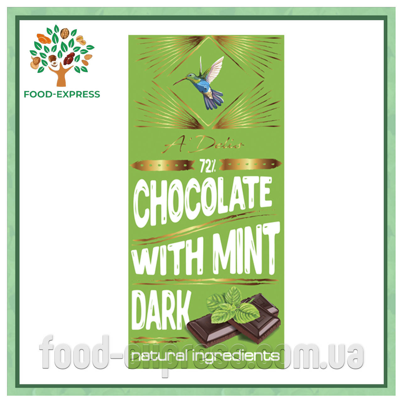 Шоколад чорний 72% з м’ятою, 90г
Шоколад чорний 72% з м’ятою, 90г