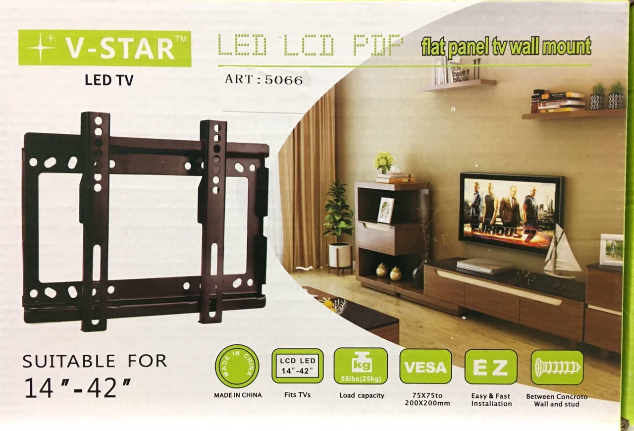 Кронштейн для телевизора настенный V-STAR 5066 Flat panel TV wall mount 14"- 42" до 25 кг, Черный
Кронштейн для телевизора настенный V-STAR 5066 Flat panel TV wall mount 14"- 42" до 25 кг, Черный