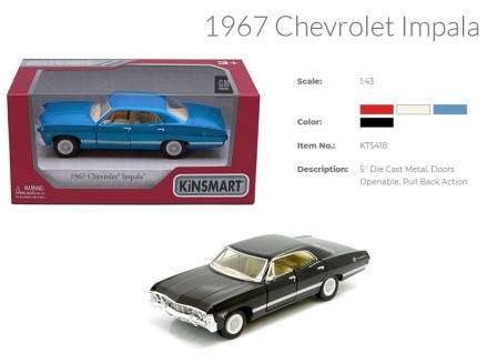 Машина метал. "Kinsmart" "Chevrolet Impala 1967", инерц., 4 цвета, в кор. 16*7*8см (96шт)
Машина метал. "Kinsmart" "Chevrolet Impala 1967", инерц., 4 цвета, в кор. 16*7*8см (96шт)