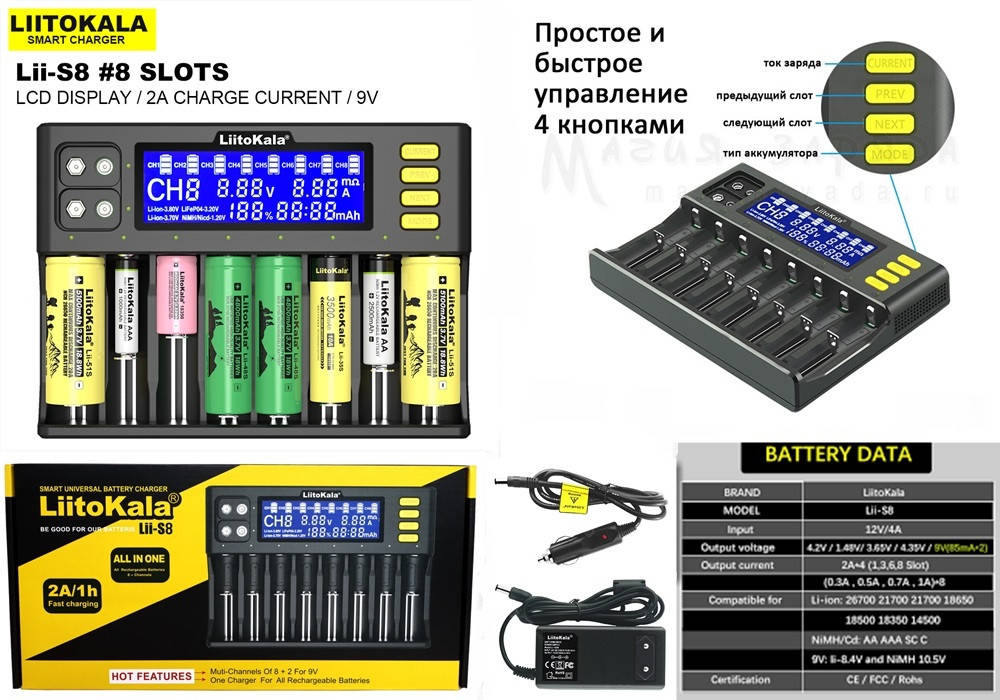 LiitoKala Lii-S8 Зарядное устройство 10 АКБ 12V/4A+LSD+Блок питания и Авто адаптер (18650,21700,26650,КРОНА)
LiitoKala Lii-S8 Зарядное устройство 10 АКБ 12V/4A+LSD+Блок питания и Авто адаптер (18650,21700,26650,КРОНА)