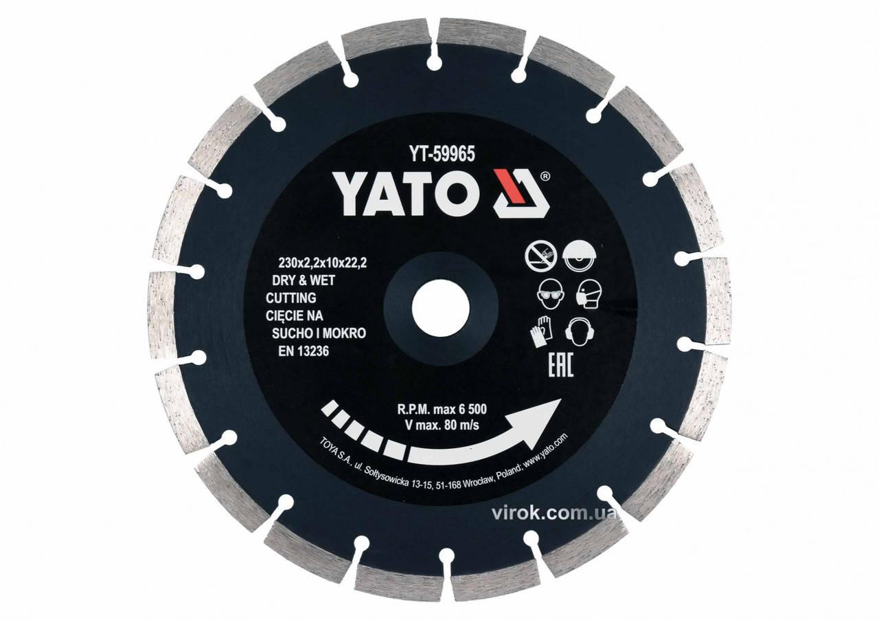 Диск відрізний алмазний по каменю і бетону YATO Ø=230x2.2x10x22.2 мм, в мокрому і сухому режимі YT-59965
Диск відрізний алмазний по каменю і бетону YATO Ø=230x2.2x10x22.2 мм, в мокрому і сухому режимі YT-59965