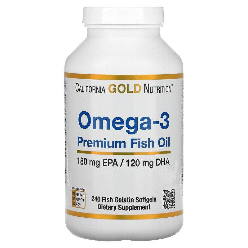 Рыбий жир "Omega-3 Premium Fish Oil", California Gold Nutrition, 180 EPA/120 DHA, 240 капсул
Рыбий жир "Omega-3 Premium Fish Oil", California Gold Nutrition, 180 EPA/120 DHA, 240 капсул