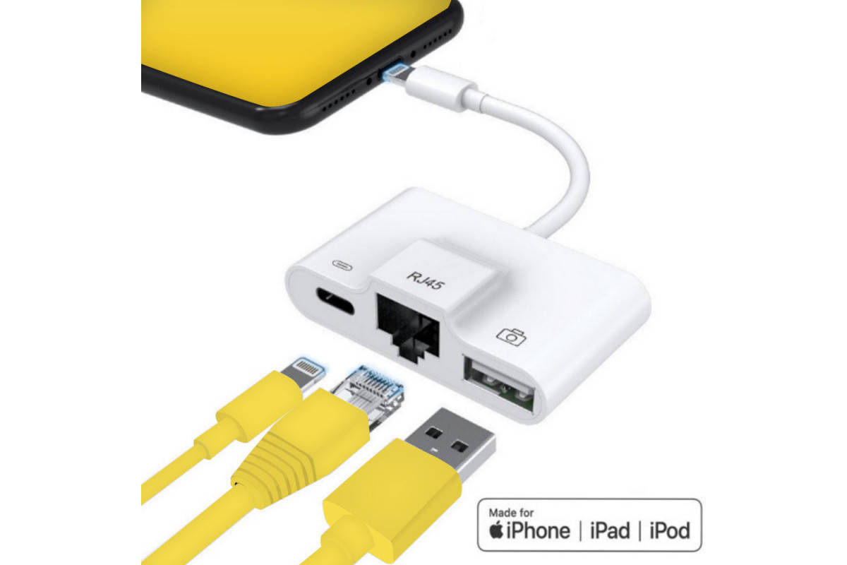 Переходник для iPhone на USB и Интернет адаптер для iPad на USB для подключения камеры и RJ45 Ethetnet кабель, Белый
Переходник для iPhone на USB и Интернет адаптер для iPad на USB для подключения камеры и RJ45 Ethetnet кабель, Белый