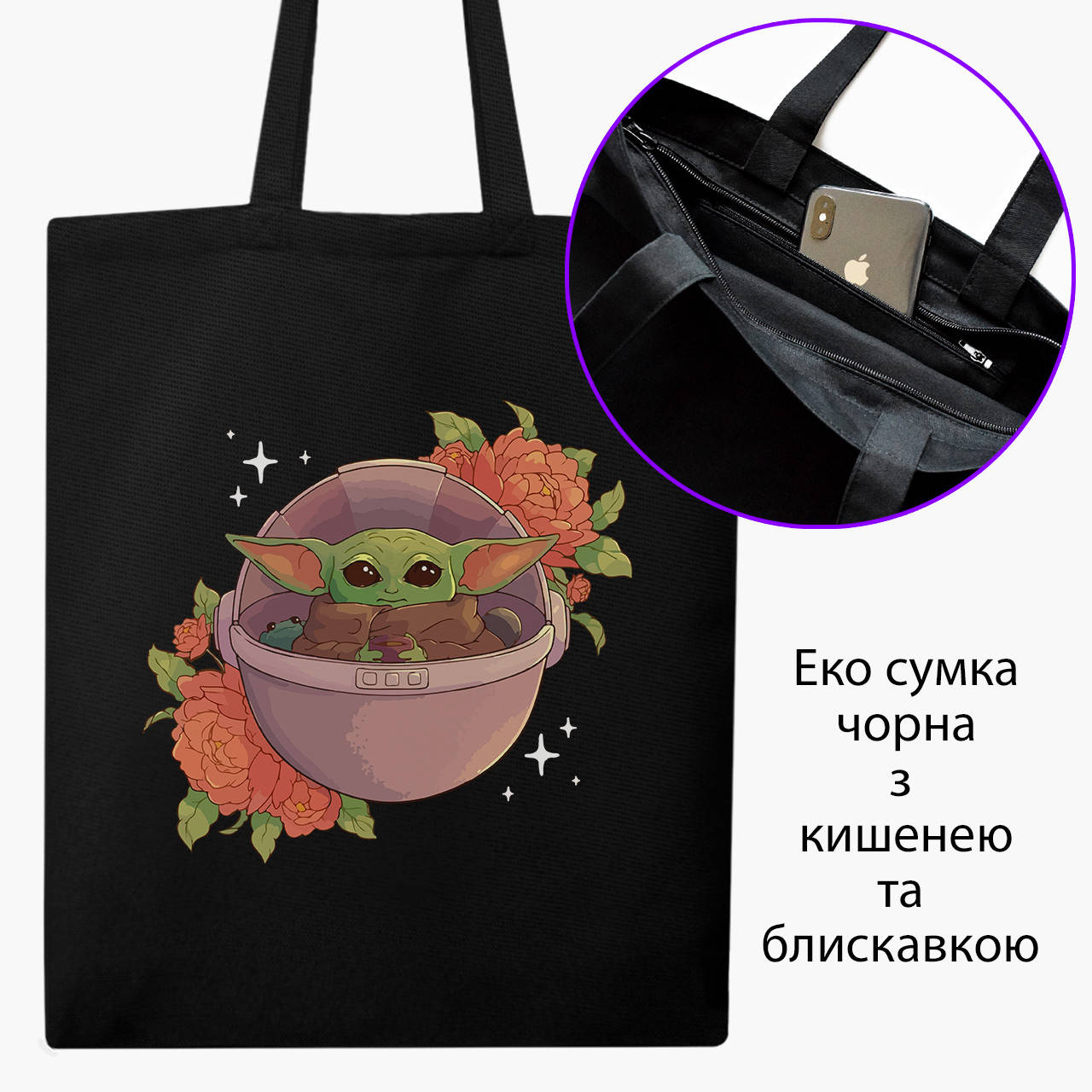 Эко сумка Грогу Бейби Йода (Grogu Baby Yoda The Mandalorian) (9227-3521-BKZ) черная на молнии с карманом, Черный
Эко сумка Грогу Бейби Йода (Grogu Baby Yoda The Mandalorian) (9227-3521-BKZ) черная на молнии с карманом, Черный