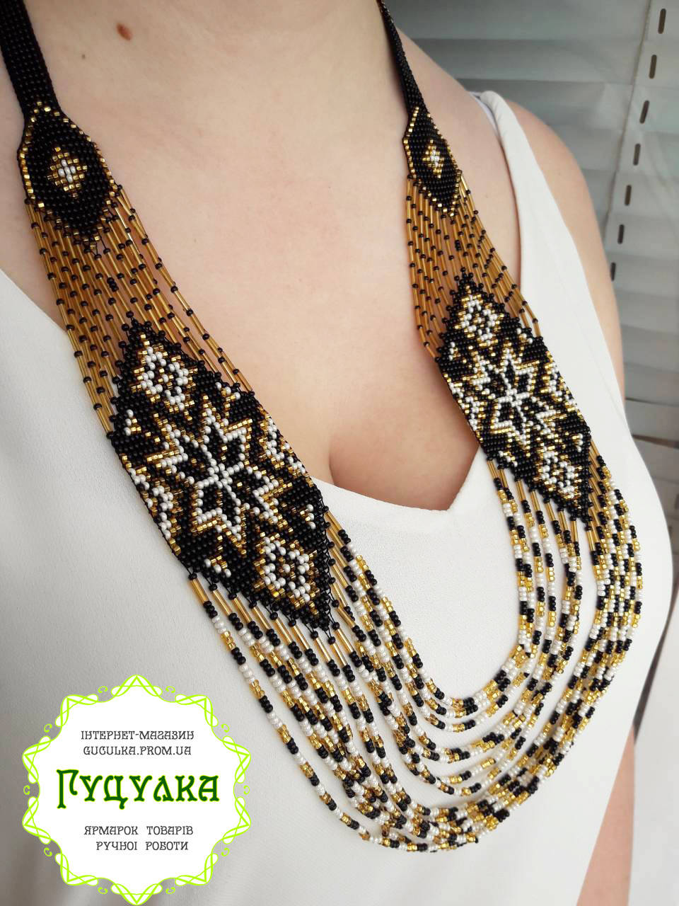 Намисто з бісеру золотисто-чорне "Орнамент" ручної роботи
Намисто з бісеру золотисто-чорне "Орнамент" ручної роботи