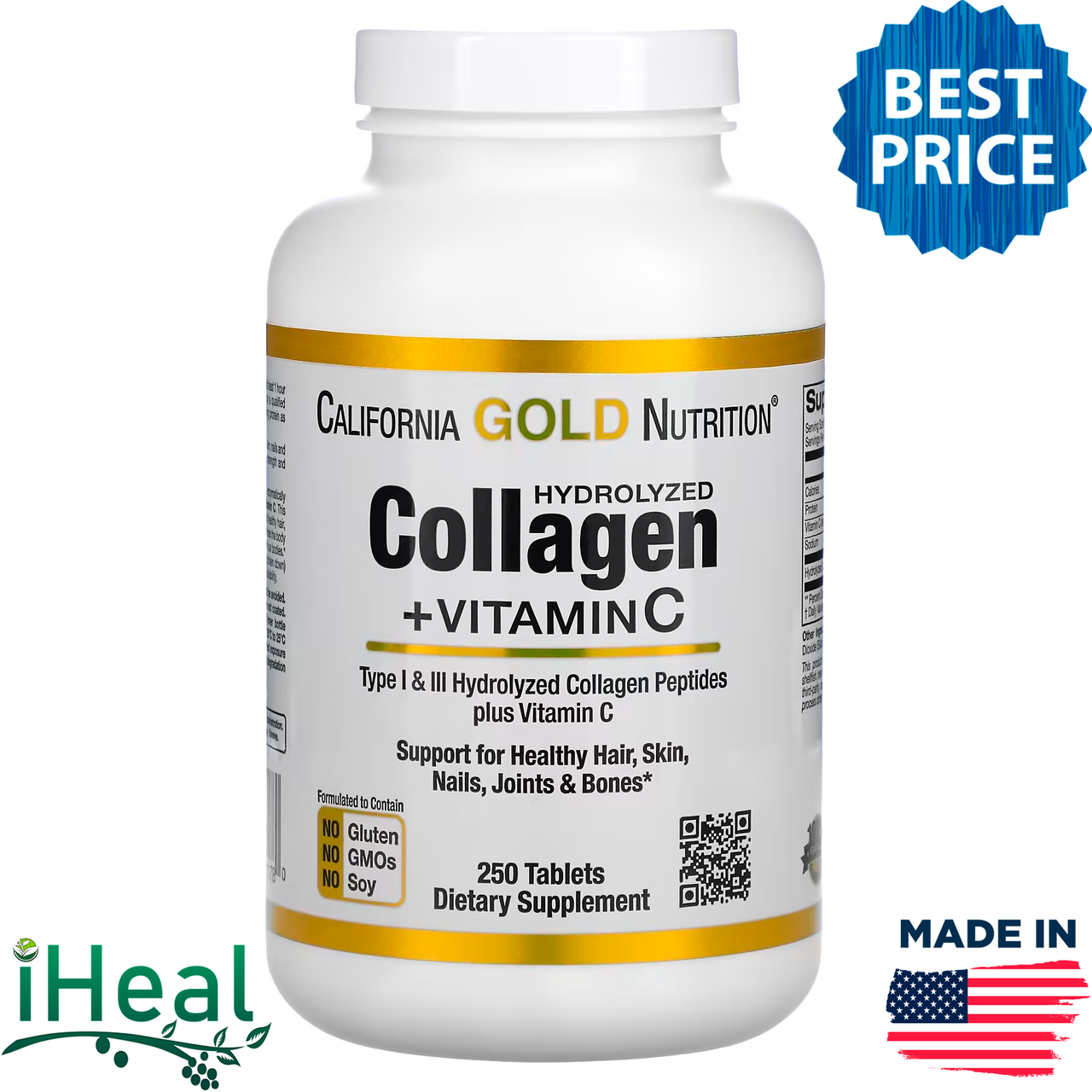 California Gold Nutrition, пептиды гидролизованного коллагена с витамином C, тип 1 и 3, 250 таблеток
California Gold Nutrition, пептиды гидролизованного коллагена с витамином C, тип 1 и 3, 250 таблеток