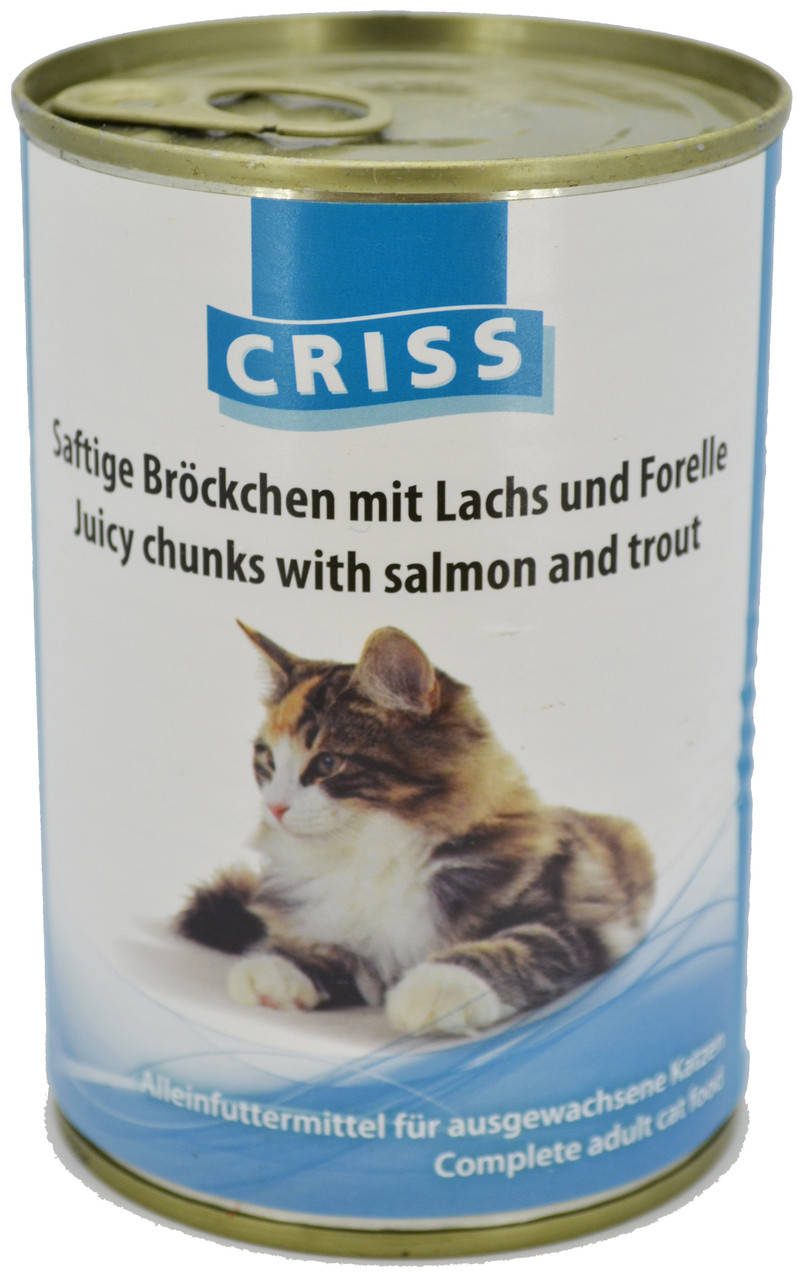 Консервований корм для котів CRISS Шматочки лосось і форелі в соусі, 400 г 
Консервований корм для котів CRISS Шматочки лосось і форелі в соусі, 400 г