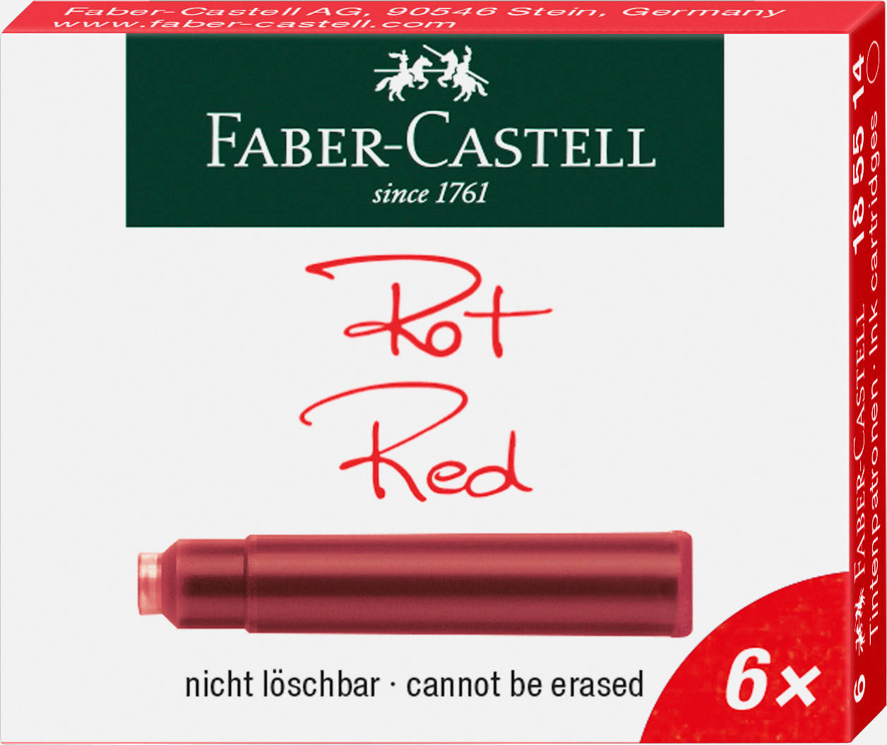 Картриджи чернильные для перьевых ручек стандартные Faber-Castell красные 6 шт, 185514, Красный
Картриджи чернильные для перьевых ручек стандартные Faber-Castell красные 6 шт, 185514, Красный