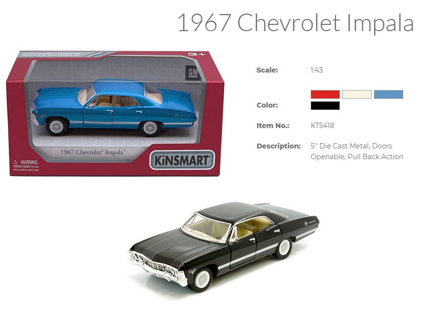 Модель машини KINSMART KT5418W Chevrolet Impala 1967 металева інерційна відкриваються двері
Модель машини KINSMART KT5418W Chevrolet Impala 1967 металева інерційна відкриваються двері