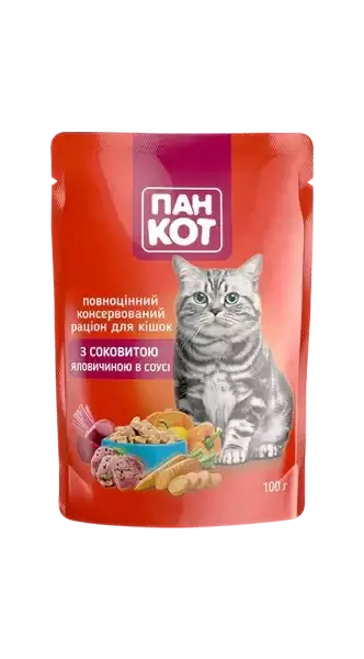 Пан Кот с сочной говядиной в соусе (24 шт. упаковка) Полноценный консервированный корм для кошек
Пан Кот с сочной говядиной в соусе (24 шт. упаковка) Полноценный консервированный корм для кошек
