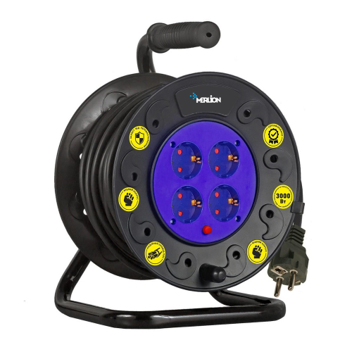 Удлинитель на катушке MERLION 2х2,5, 50 м, 16А, 220В, 4xSCHUKO socket, кабель нг-LS, тепловое реле ( защита от
Удлинитель на катушке MERLION 2х2,5, 50 м, 16А, 220В, 4xSCHUKO socket, кабель нг-LS, тепловое реле ( защита от