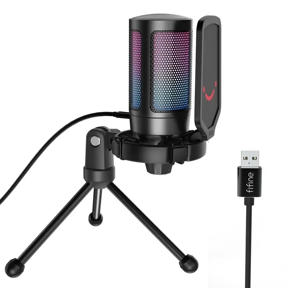 Fifine AmpliGame A6V USB микрофон с RGB-подсветкой на треноге с поп фильтром для ПК и консолей - Черный
Fifine AmpliGame A6V USB микрофон с RGB-подсветкой на треноге с поп фильтром для ПК и консолей - Черный