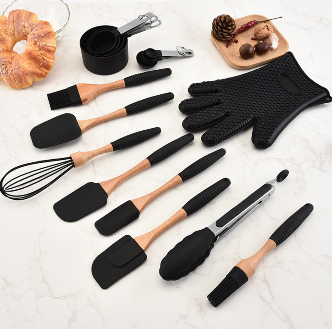 Набор кухонных принадлежностей, Силиконовый кухонный набор 11 предметов (дерево+силикон) черный 
Набор кухонных принадлежностей, Силиконовый кухонный набор 11 предметов (дерево+силикон) черный
