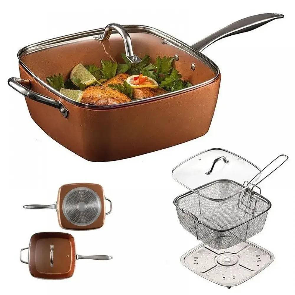 Медная сковорода 3 в 1 Copper Cook Deep с фритюром и пароваркой, антипригарная 24 см с крышкой
Медная сковорода 3 в 1 Copper Cook Deep с фритюром и пароваркой, антипригарная 24 см с крышкой