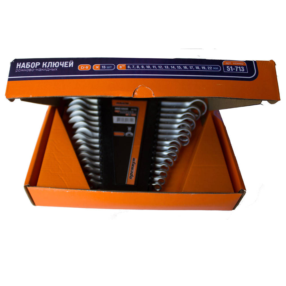 Набор комбинированных ключей 15ед 6-22мм Miol 51-713 
Набор комбинированных ключей 15ед 6-22мм Miol 51-713