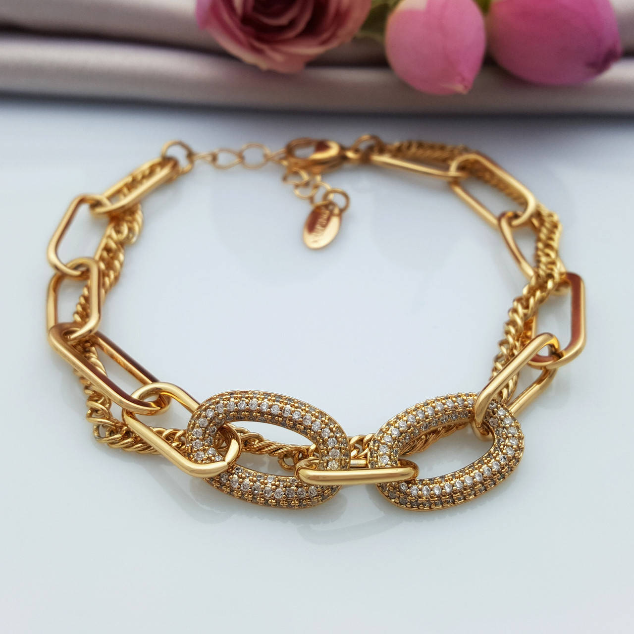 Браслет "Якорь Комбинированный", вставка цирконий, р.18,5-22, позолота Xuping, 18К