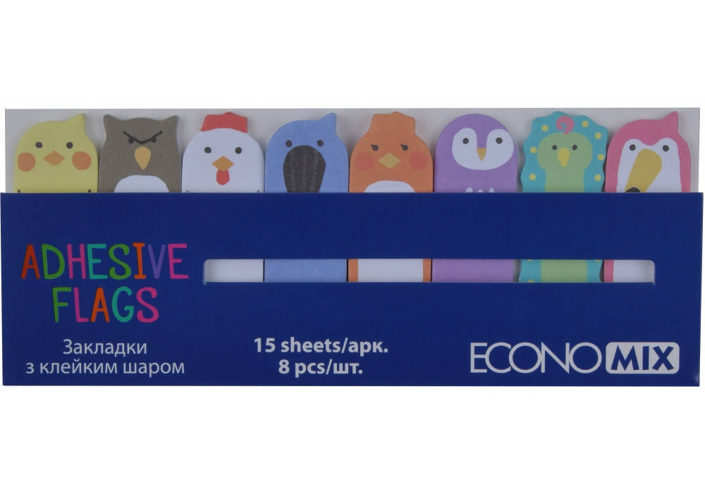 Закладки с клейким слоем 15х48 мм Economix Fun Birds, 120 шт., бумажные, 8 цветов ассорти
Закладки с клейким слоем 15х48 мм Economix Fun Birds, 120 шт., бумажные, 8 цветов ассорти