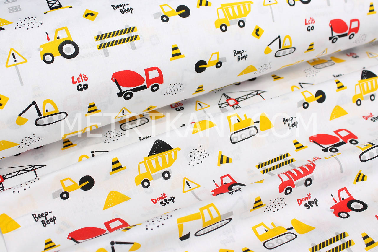 Ткань бязь "Строительная техника" на белом фоне №1887, Разные цвета
