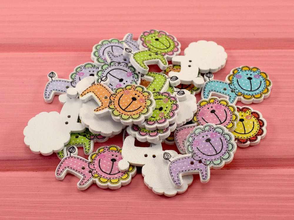 Пуговки "Львята" деревянные (5 шт.), Разные цвета 
Пуговки "Львята" деревянные (5 шт.), Разные цвета