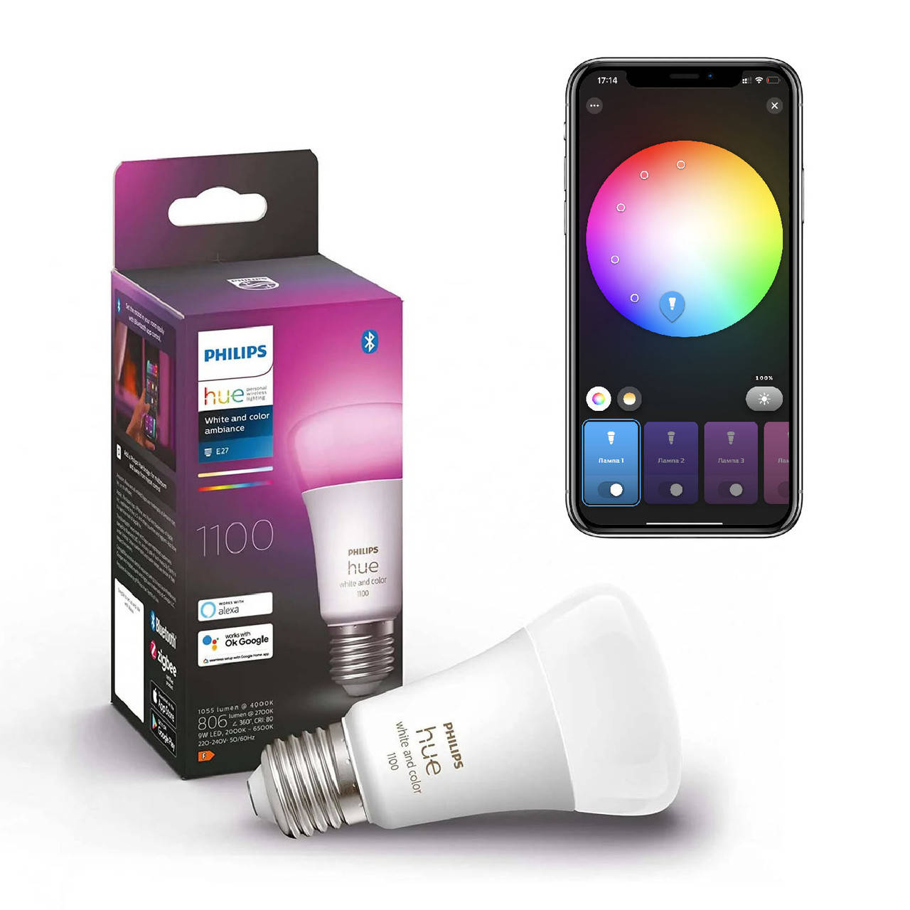 Умная LED лампочка Philips Hue E27 White and Color 1100лм 75Вт 9W ZigBee, Bluetooth, Apple HomeKit
Умная LED лампочка Philips Hue E27 White and Color 1100лм 75Вт 9W ZigBee, Bluetooth, Apple HomeKit