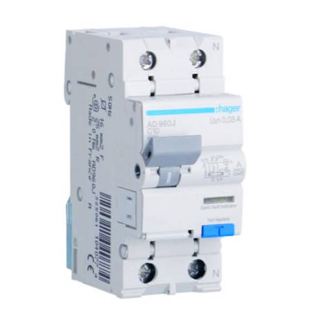 Дифференциальный автомат HAGER 1P+N 6kA C 10A 30mA A, AD960J