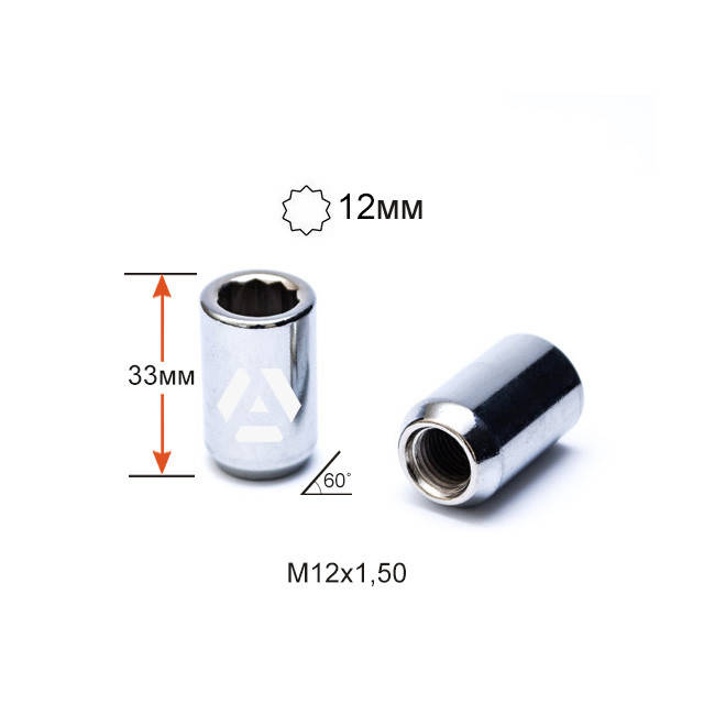 Гайка колесная A210345 внутренний десятигранник M12х1,5х33мм Конус (Mazda, Kia, Hyundai, Daihatsu) Хром
Гайка колесная A210345 внутренний десятигранник M12х1,5х33мм Конус (Mazda, Kia, Hyundai, Daihatsu) Хром