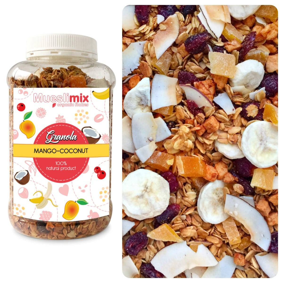 Гранола с манго, бананом, клюквой и кокосовыми чипсами 450г
Гранола с манго, бананом, клюквой и кокосовыми чипсами 450г