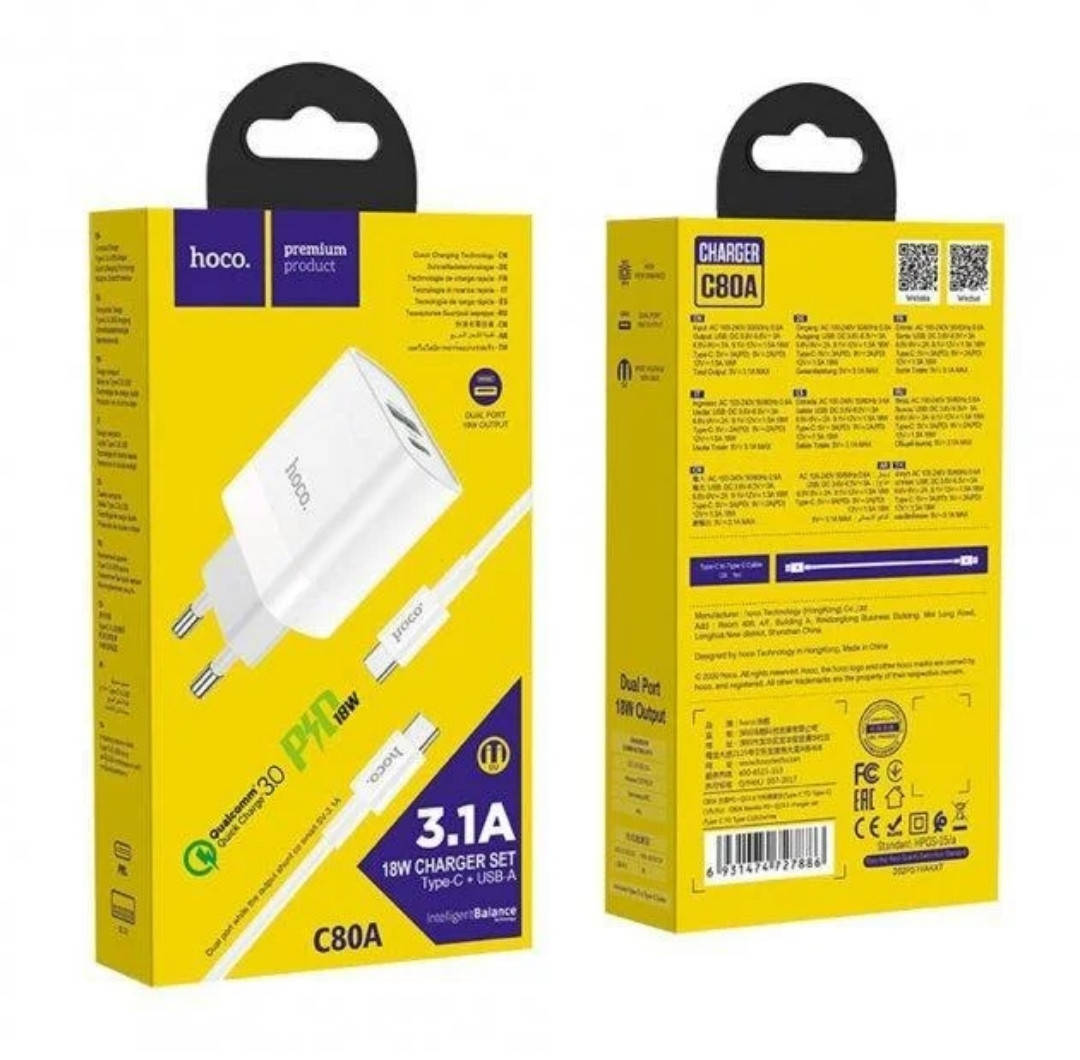 Блок питания hoco. C80A с кабелем type C Быстрая зарядка Quick Charge 3.0 USB 18W + Type C 20W Белый, Черный
Блок питания hoco. C80A с кабелем type C Быстрая зарядка Quick Charge 3.0 USB 18W + Type C 20W Белый, Черный