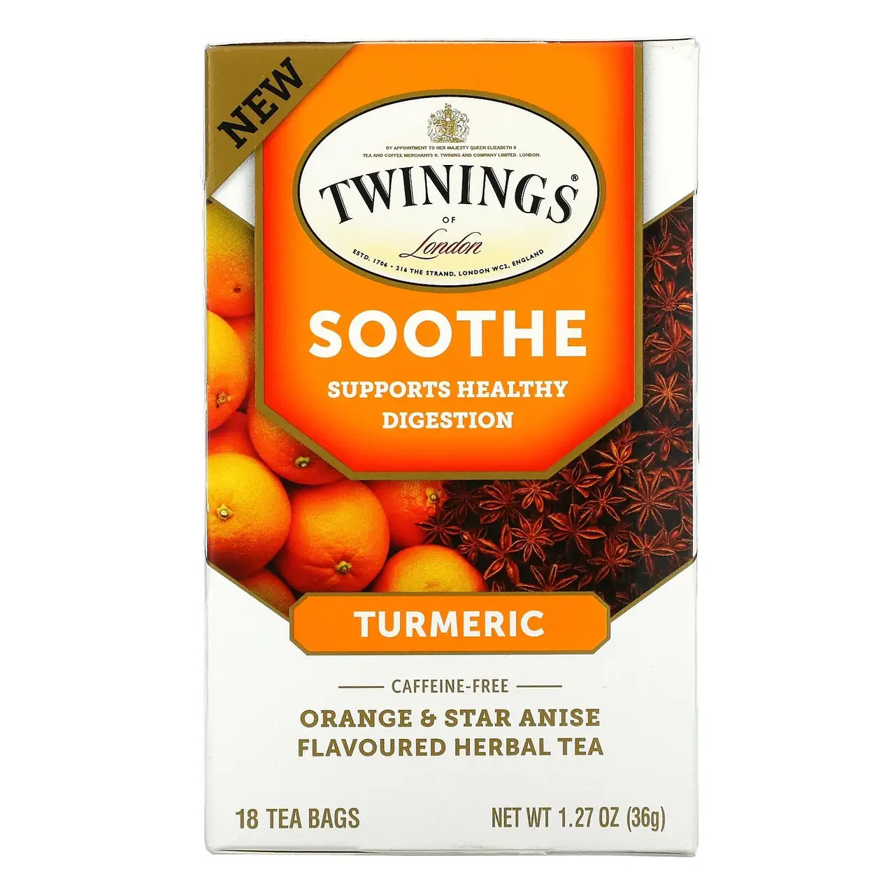 Twinings, Успокаивающий травяной чай, куркума, апельсин и анис звездчатый, без кофеина, 18 пакетиков по 1,27
Twinings, Успокаивающий травяной чай, куркума, апельсин и анис звездчатый, без кофеина, 18 пакетиков по 1,27