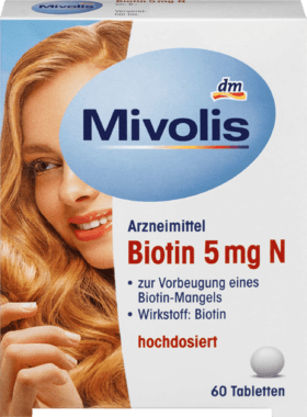 Mivolis Biotin 5 mg N Tabletten, 60 St - Таблетки с биотином 5 мг для здоровых волос, кожи и ногтей, 60 табл.
Mivolis Biotin 5 mg N Tabletten, 60 St - Таблетки с биотином 5 мг для здоровых волос, кожи и ногтей, 60 табл.