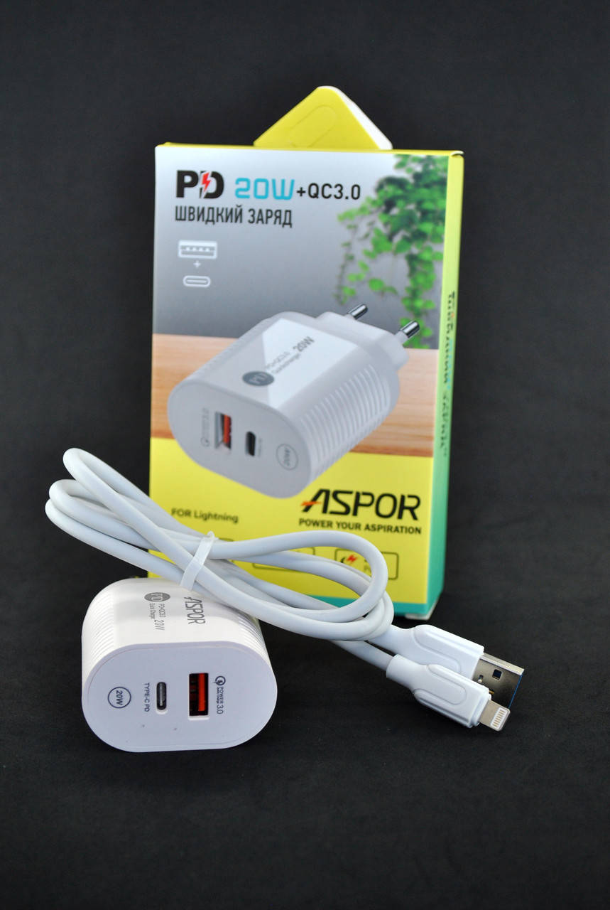 Зарядное устройство Type-C/USB Aspor PD002 Premium Series 20W (1USB,1Type-C) + кабель Lightning White, Белый
Зарядное устройство Type-C/USB Aspor PD002 Premium Series 20W (1USB,1Type-C) + кабель Lightning White, Белый