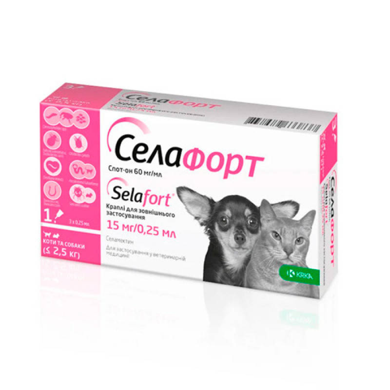 Селафорт для кошек и собак, котов до 2,5кг капли от блох, клещей и глистов, 1 пипетка 15мг/0,25мл, KRKA
Селафорт для кошек и собак, котов до 2,5кг капли от блох, клещей и глистов, 1 пипетка 15мг/0,25мл, KRKA