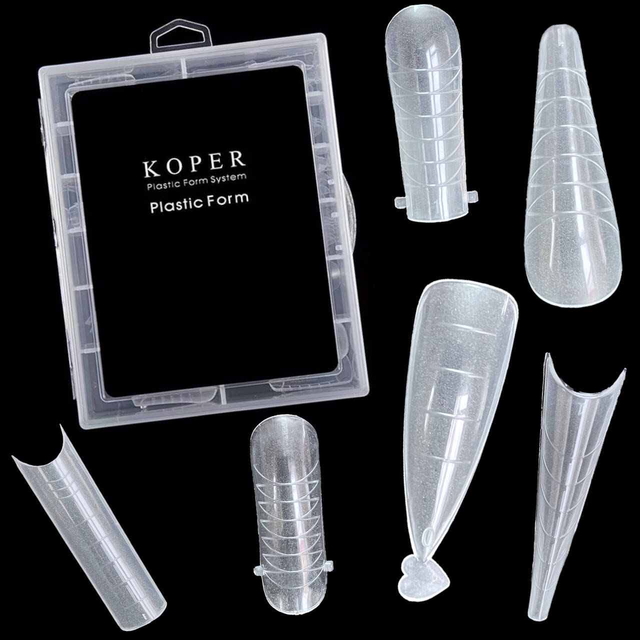 Верхние формы для наращивания ногтей KOPER в контейнере, 120 шт./уп., Прозрачный 
Верхние формы для наращивания ногтей KOPER в контейнере, 120 шт./уп., Прозрачный